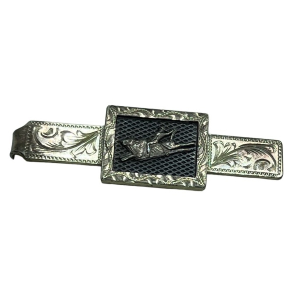 SILVER VINTAGE TIE BAR /CLIP WITH BRONCO, “HAND MADE AND 0925” STAMPED ON BACK